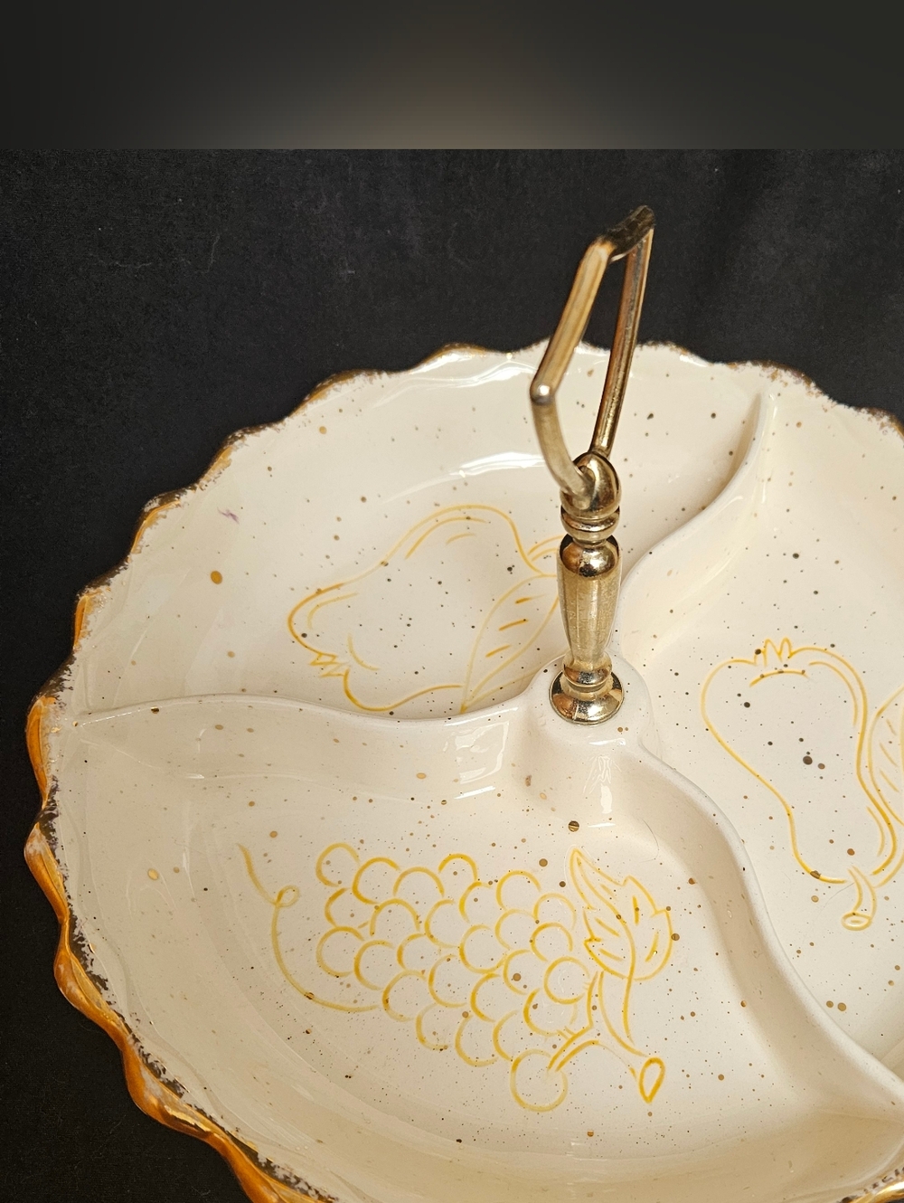 Gold-Trim Ceramic Three-Section Serving Dish - Cream